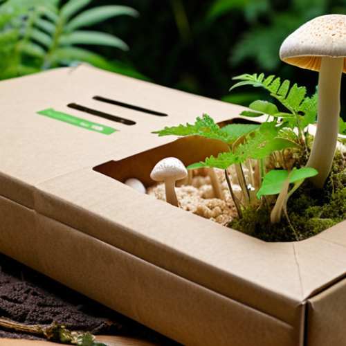**Eco-Friendly Packaging:** Close-up shot of mushroom packaging being used for shipping electronics. Focus on the texture of the mycelium material, highlighting its natural, biodegradable qualities. Include green plants in the background to emphasize the environmental benefits. The overall feel should be bright, modern, and eco-conscious.