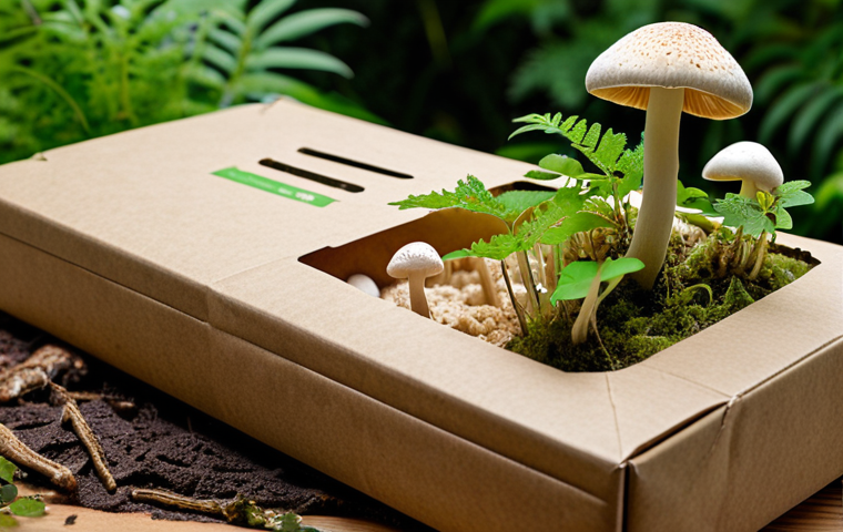 **Eco-Friendly Packaging:** Close-up shot of mushroom packaging being used for shipping electronics. Focus on the texture of the mycelium material, highlighting its natural, biodegradable qualities. Include green plants in the background to emphasize the environmental benefits. The overall feel should be bright, modern, and eco-conscious.